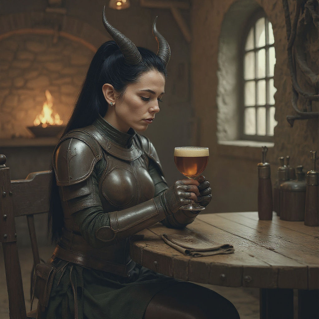 Tiefling Rogue Sipping Mug in Tavern Corner