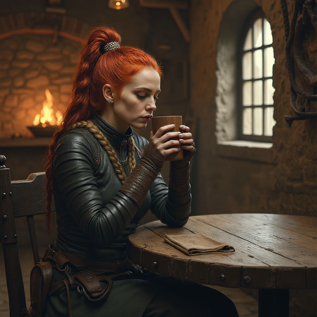 Huntress Sipping Drink in Tavern Corner