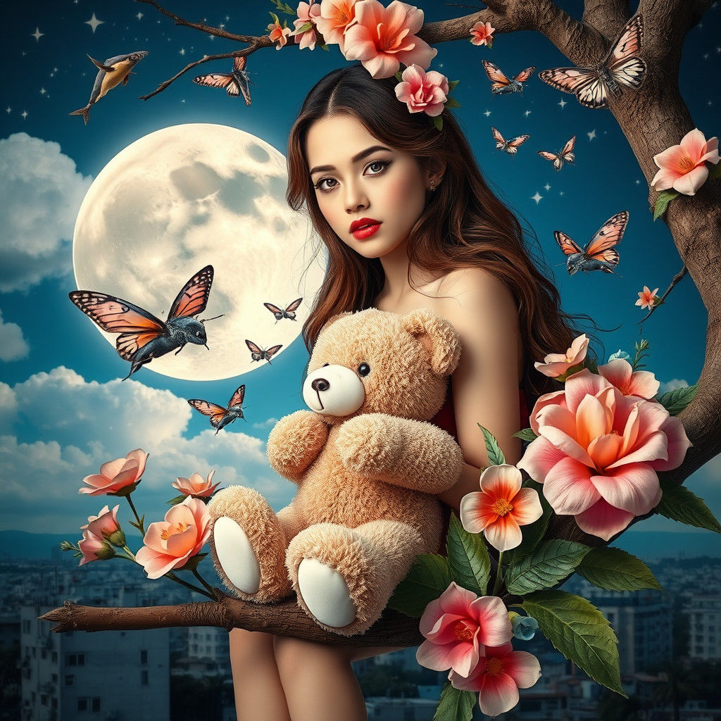 Woman with Teddy Bear in Abstract Expressionist Style