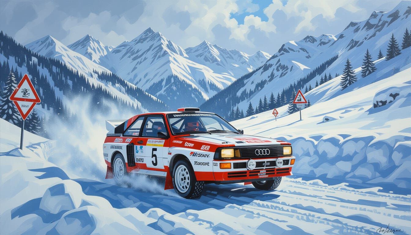 1982 Audi Quattro Rally Car on Snowy Mountain Road