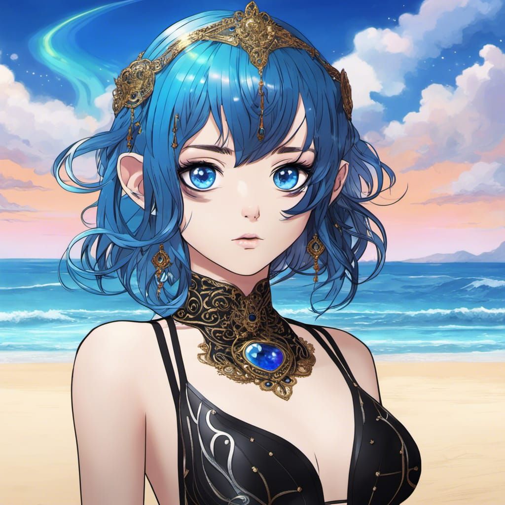 Gothic Goddess Anime Portrait with Rainbow Hair