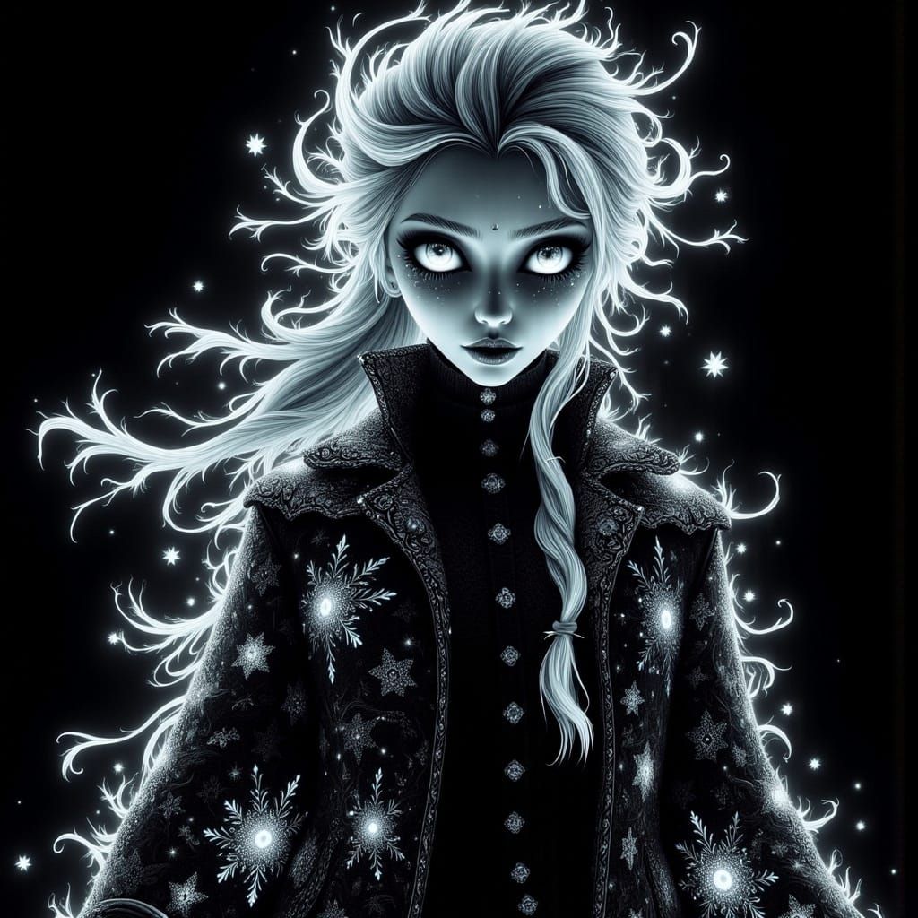 Eerie Button-Eyed Elsa in Dark Snowflake Coat