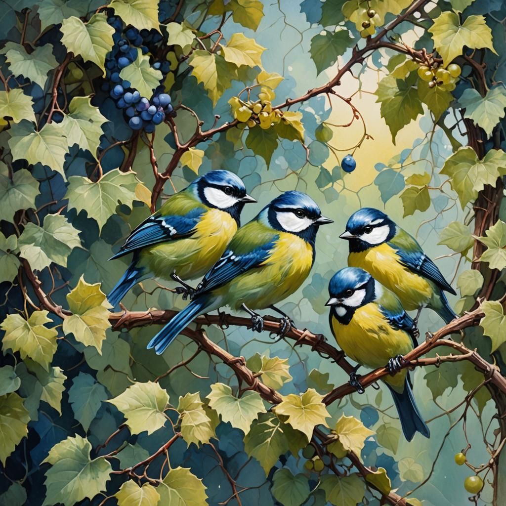 Bluetits and Grapevines in Gouache Impressionism