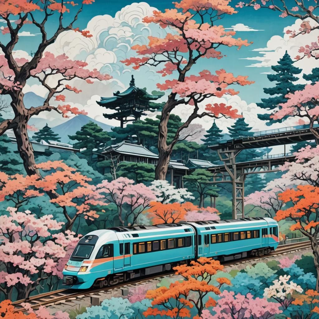 Ukiyo-e Train Scene with Flowers in Pastel Colors