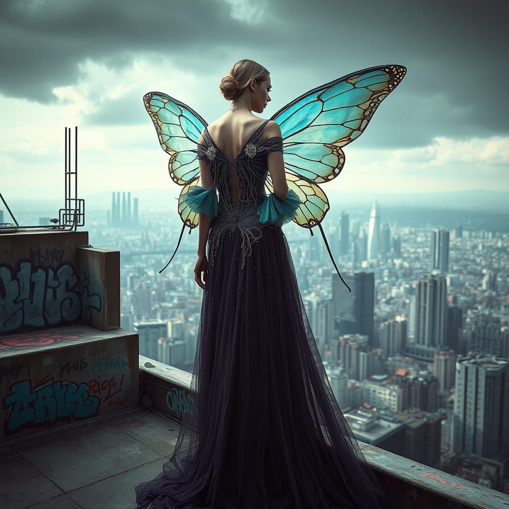 High Fashion Model in Butterfly Gown on Cyberpunk Rooftop