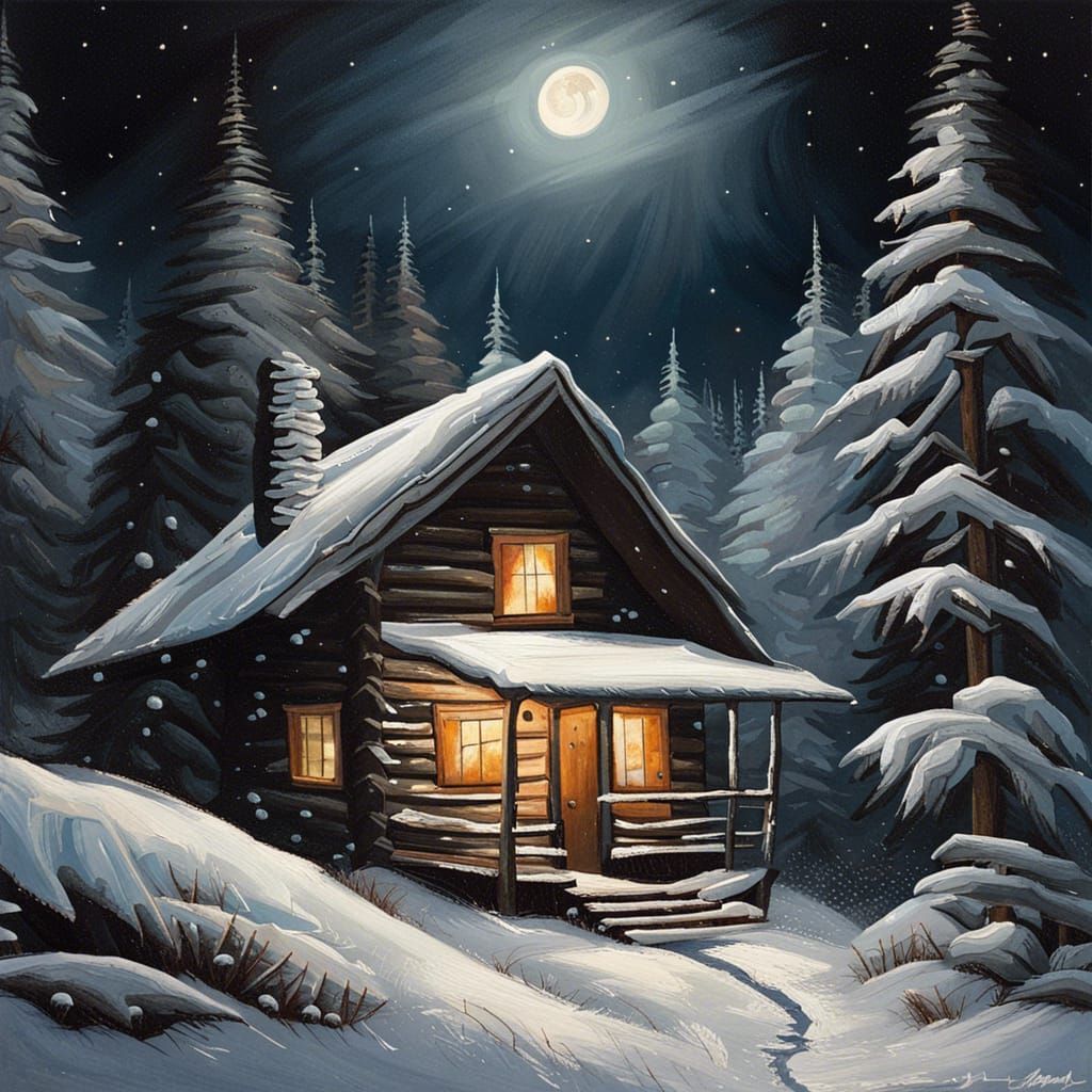 Winter Cabin Painting Under Moonlight