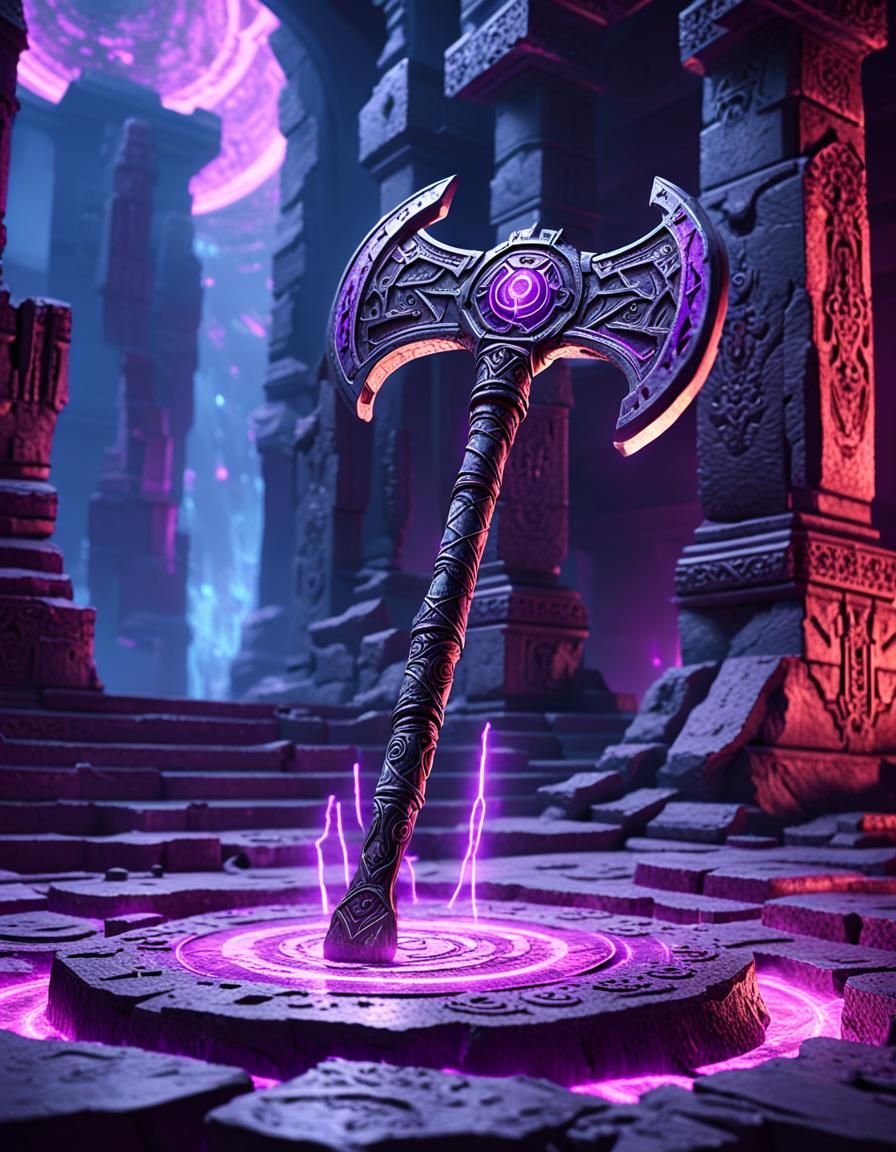 Floating Void Axe with Purple Runes in Sci-Fi Temple