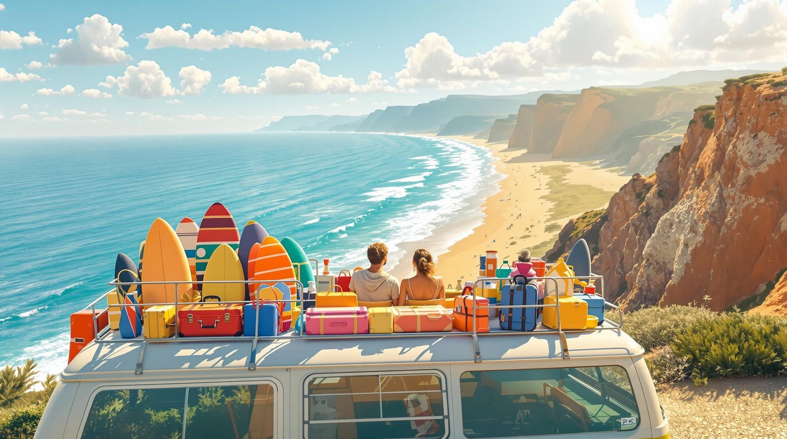 A couple sits on the roof of a Volkswagen van with their backs to the camera, at a beach side spot