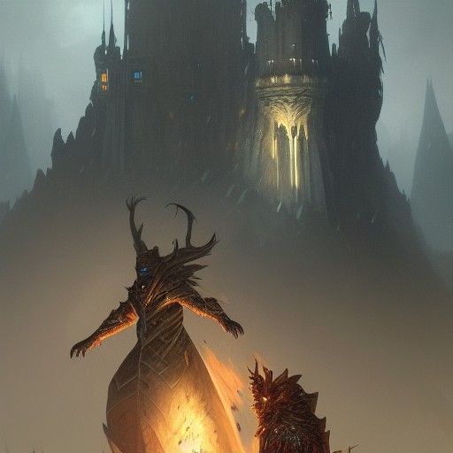 Dragonfire Engulfs Castle Ruins in Dark Fantasy Art