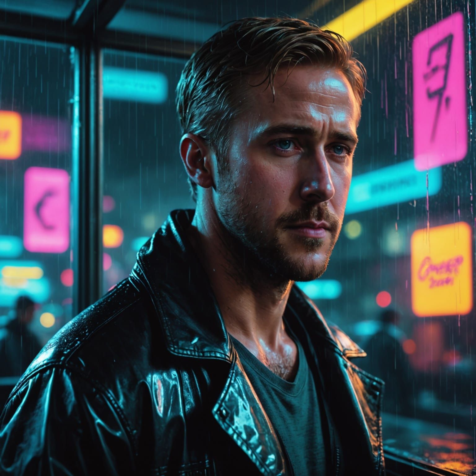 Ryan Gosling Contemplates Neon-Lit Rainy Cityscape