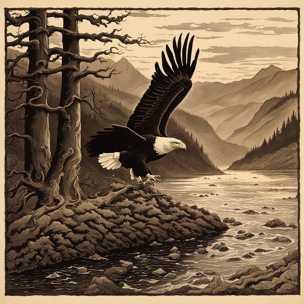 Eagle Soars Over Columbia River Gorge