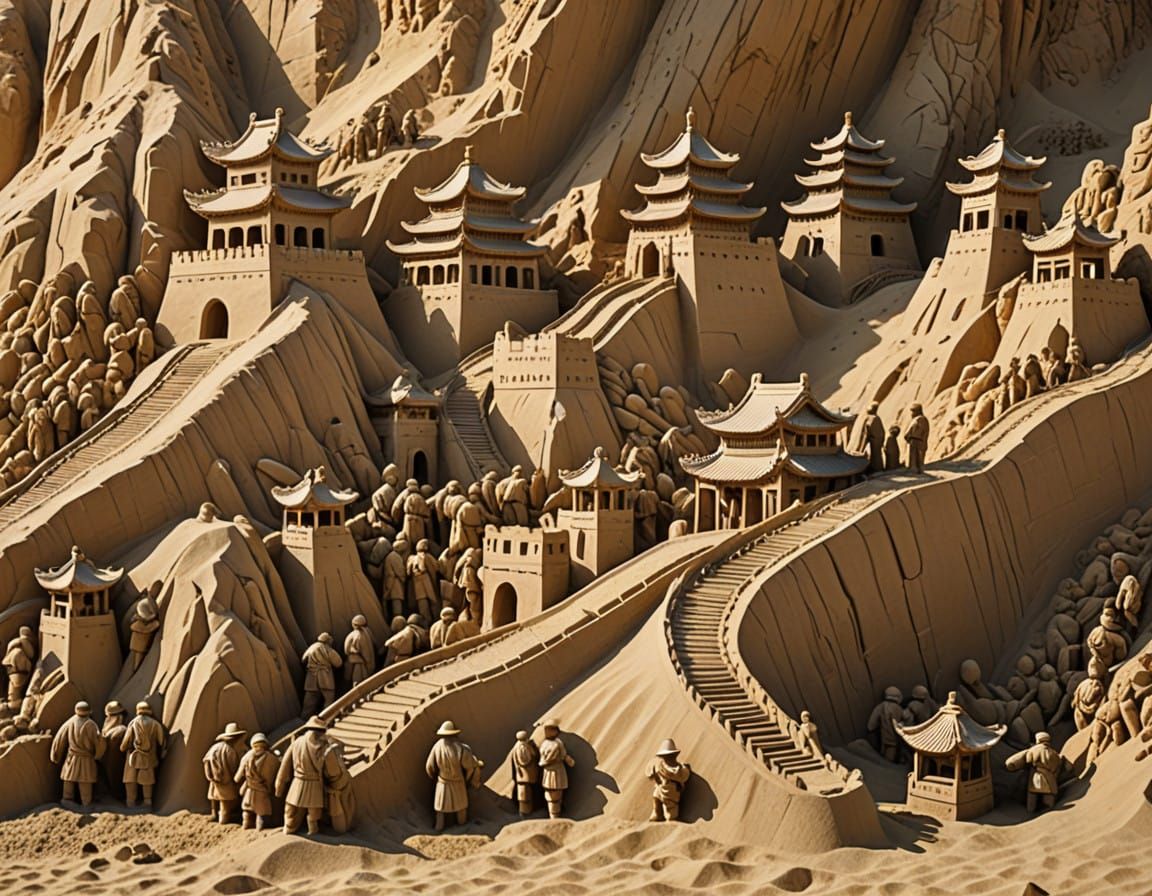 Ephemeral Great Wall of China in Driftwood and Shell Sand Sc...