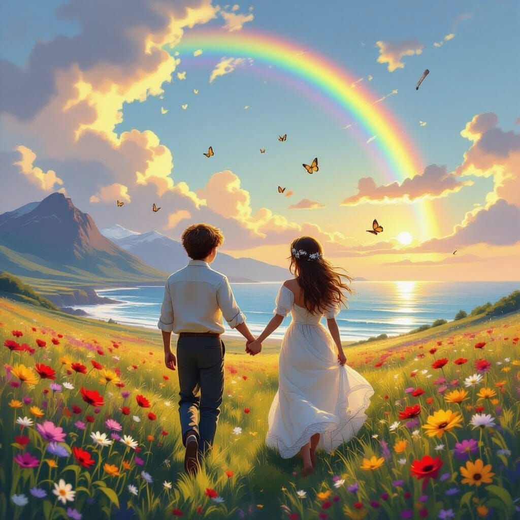 Young Couple Walks Through Blooming Field Towards Mountains