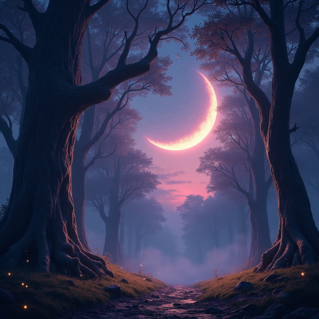 photo realistic.purple aesthetic. nighttime. crescent moon. starry sky above a forest