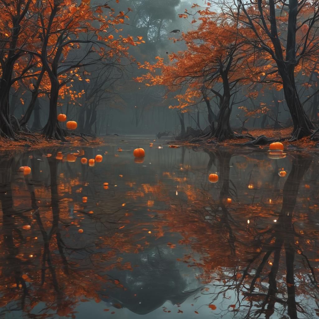 Surreal Autumn Lake Halloween Reflection in Digital Art