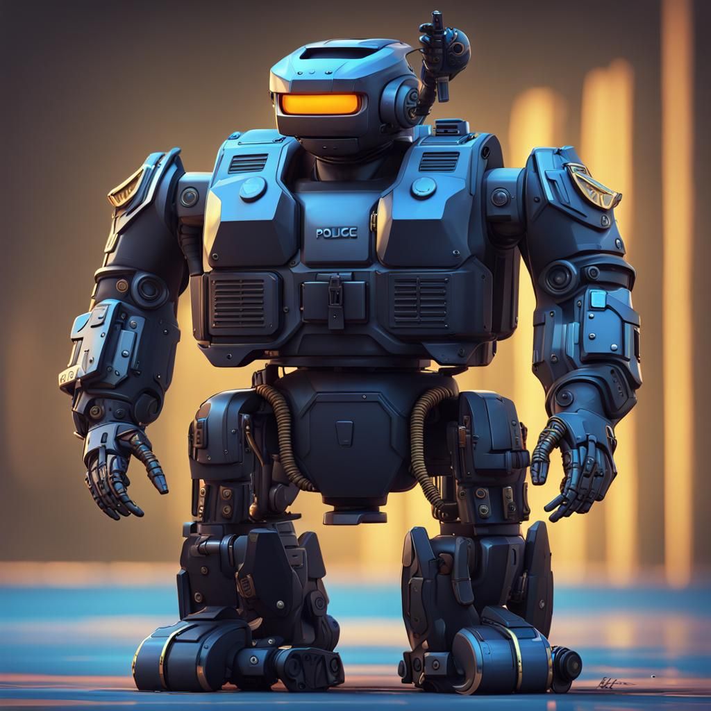 Pixar-Style Robot Cop with Big Weapons