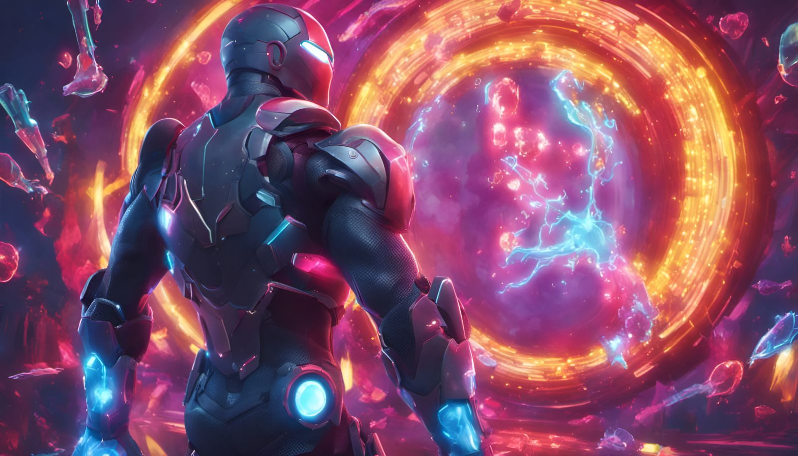 "Fortnite, Ironman , Magic, Neon, Kinetic Pointillism Style, Holographic, Flickering Light, Spells, Incantations, Sparks...