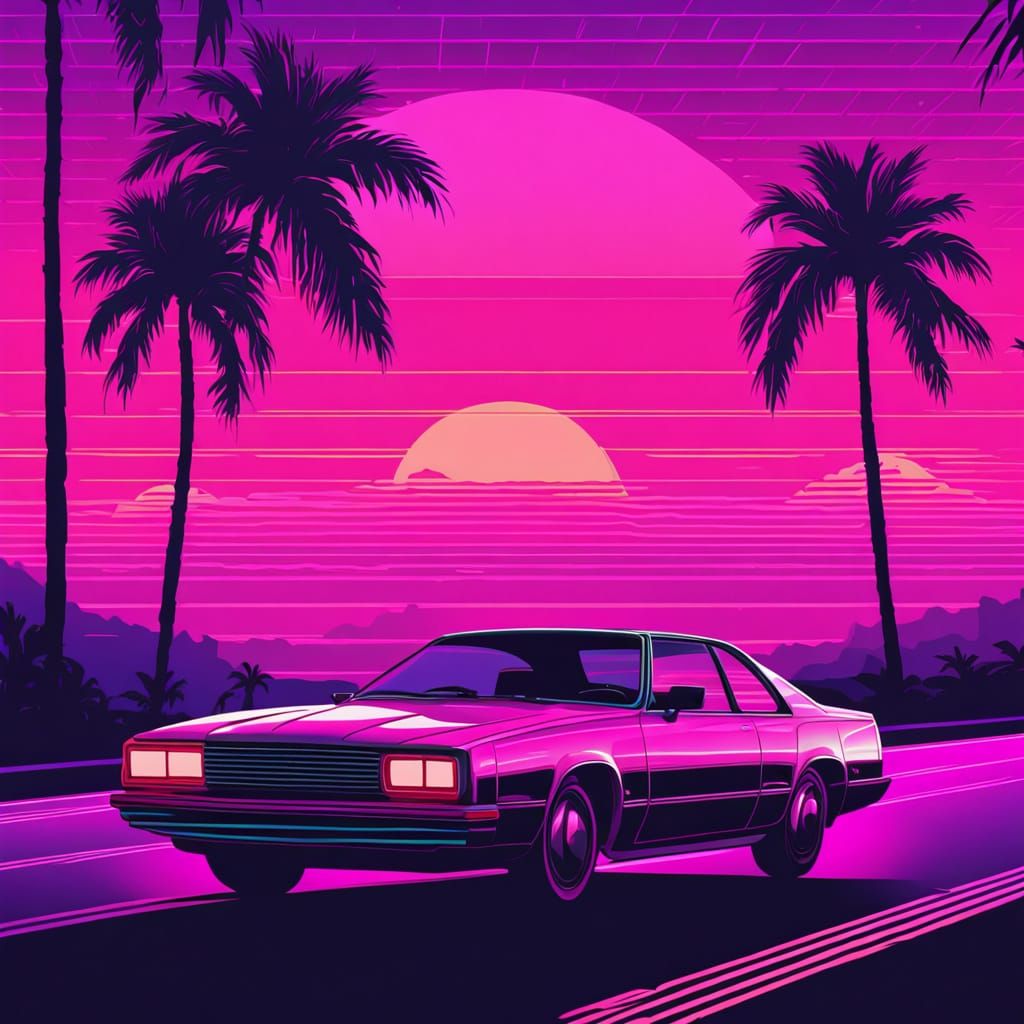 Synthwave Car on Neon Road Under Pastel Sky