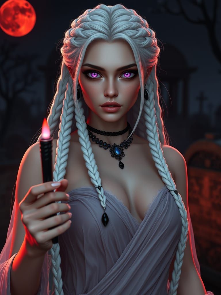 Mystical Young Lady Under the Red Moonlight
