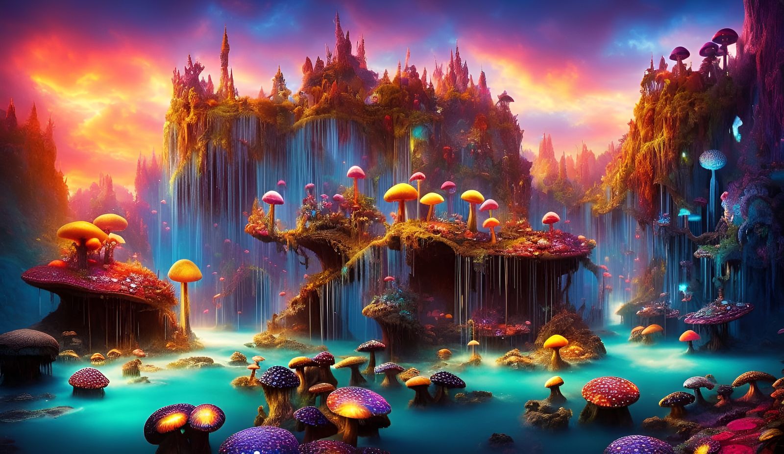 Fairytale Lagoon with Bioluminescent Shrooms at Sunset
