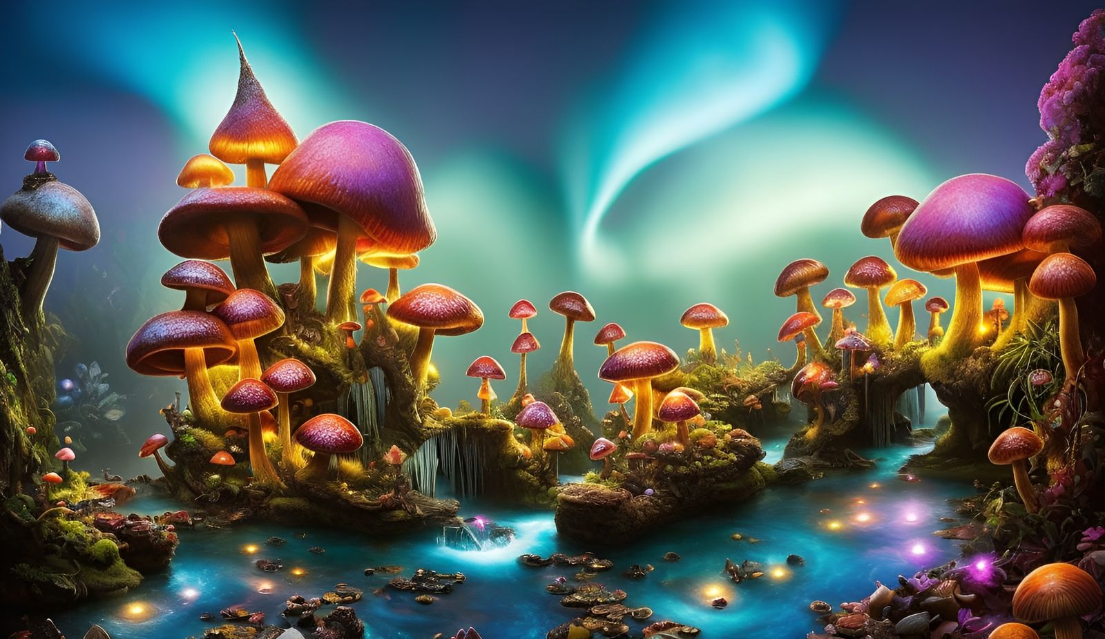 Magic Toadstool Homes in Bioluminescent Fairytale Lagoon