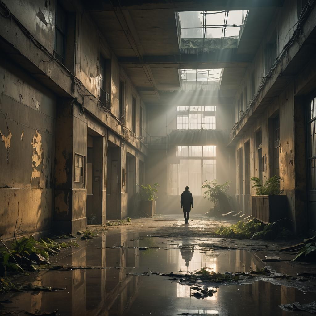 Dystopian Surrealism: Lone Figure in Abandoned Corridor