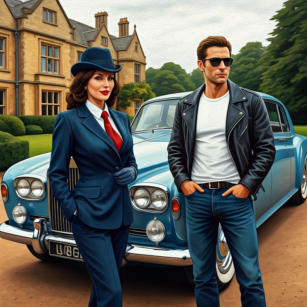 1960s Couple Outside English Manor in Impressionistic Style