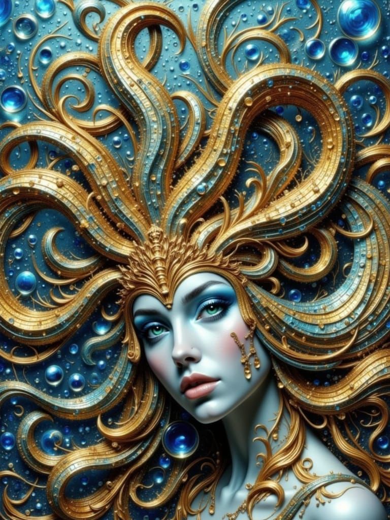 Goddess of the Sea Amidst Bubbles in Watercolor Style