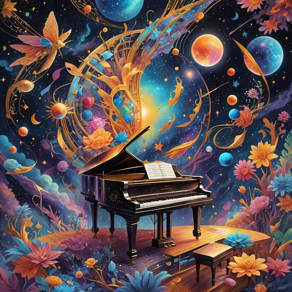 Holographic Piano in Astral Cosmic Illustration