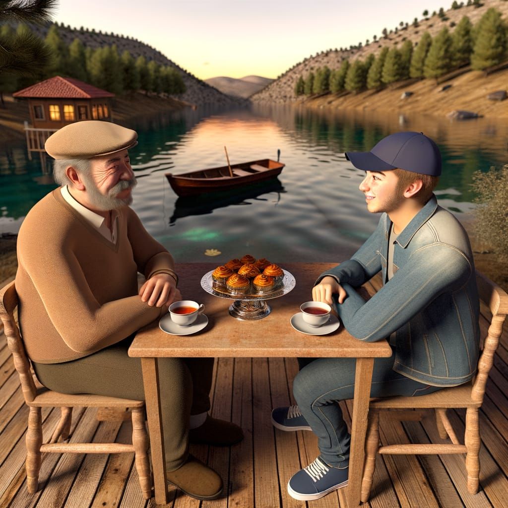 Heartfelt Father-Son Moment in Turkish Lakeside Cafe