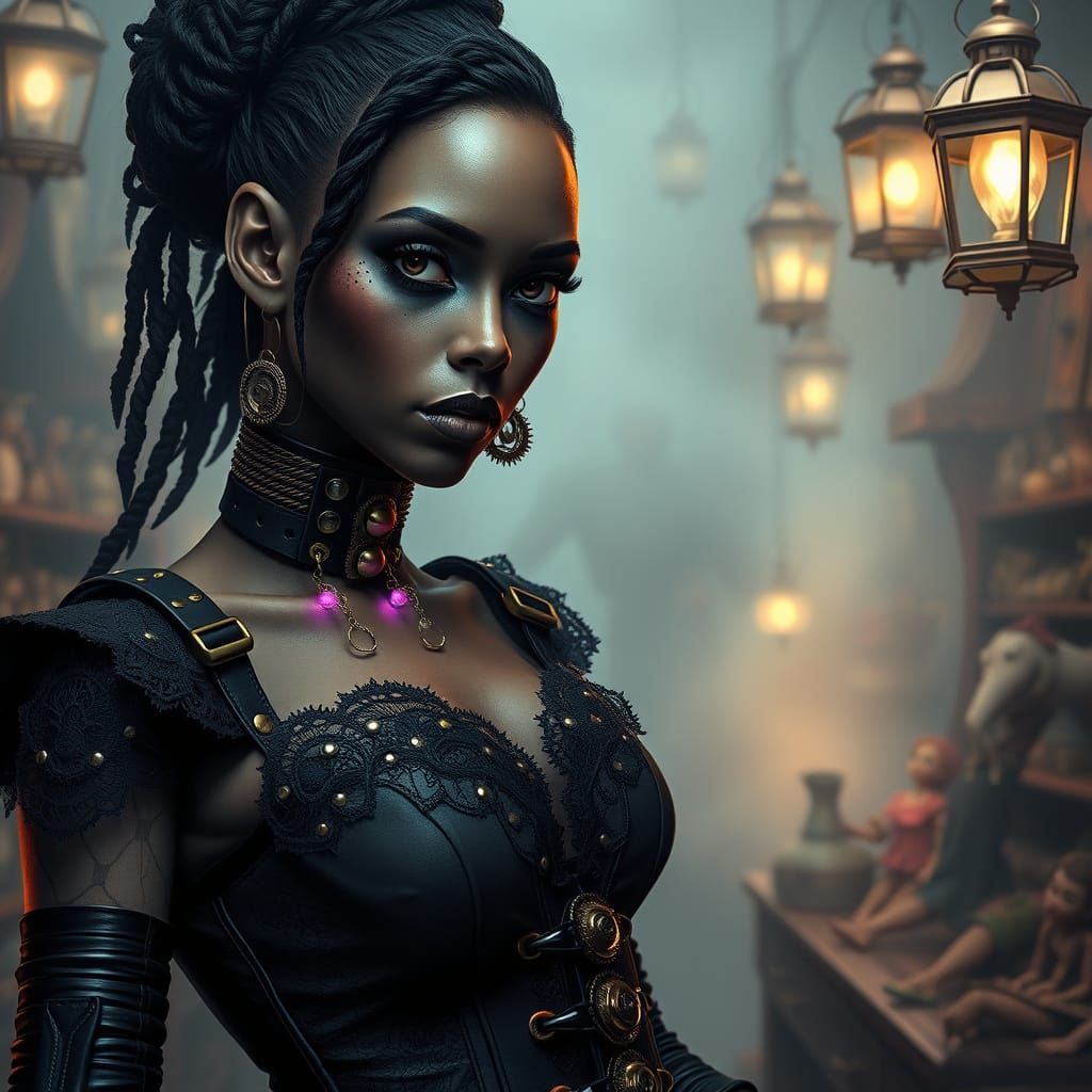 A cinematic portrait photograph captures a strikingly beautiful JAMAICAN goth-steampunk robot woman, embodying a fusion ...