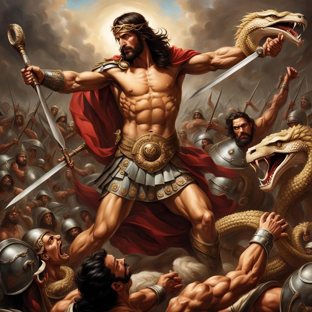 Jesus as Gladiator Fighting Hydra in Hyperrealism