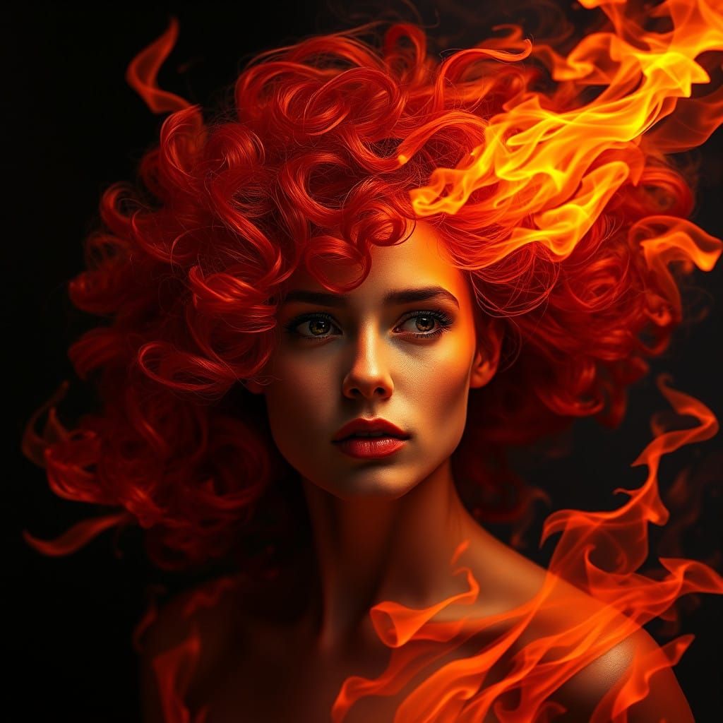 Woman Surrounded by Swirling Flames in Vibrant, Moody Art