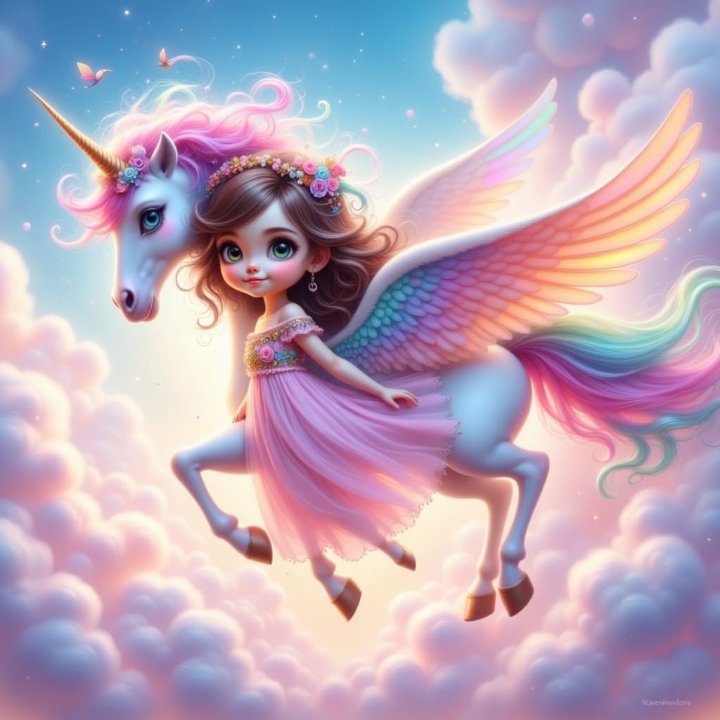 Dreamy Fantasy Girl Flies with Majestic Rainbow Unicorn