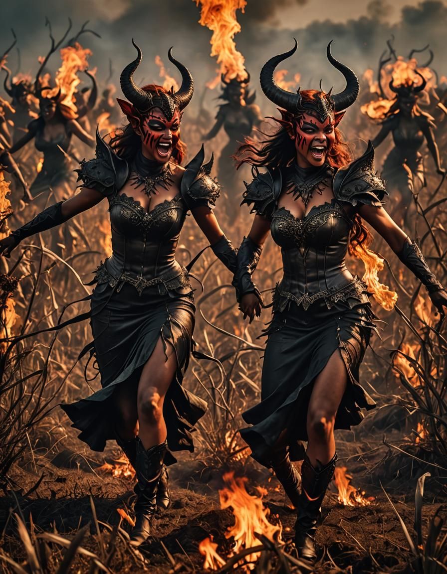She-Devils Dancing in a Fiery Landscape