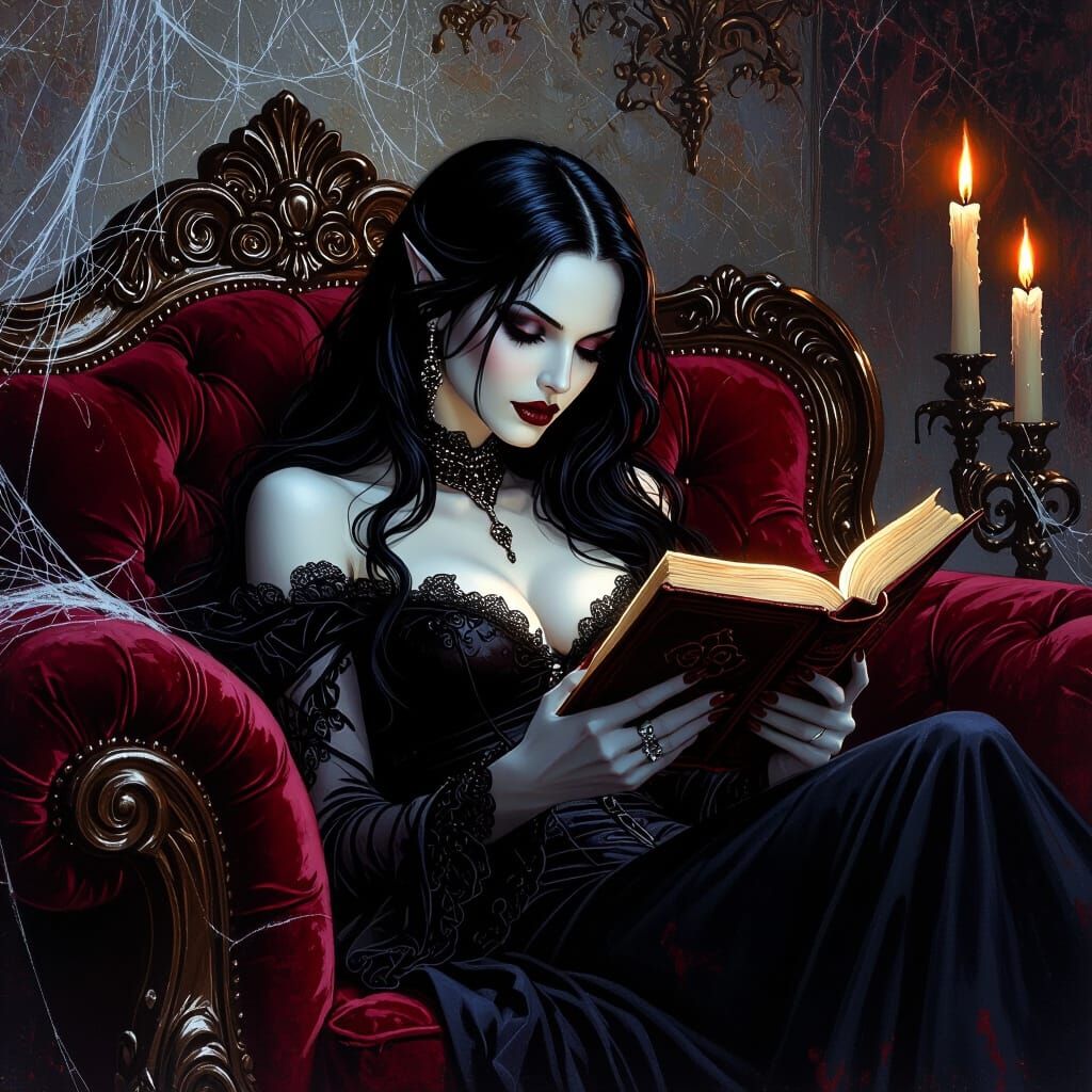 Gothic Vampire Reading by Candlelight on Velvet Couch