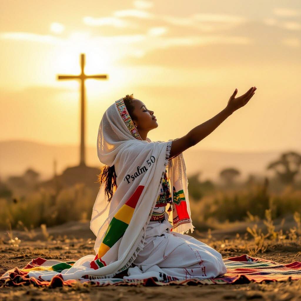 Ethiopian Girl Praying in Golden Sunlight