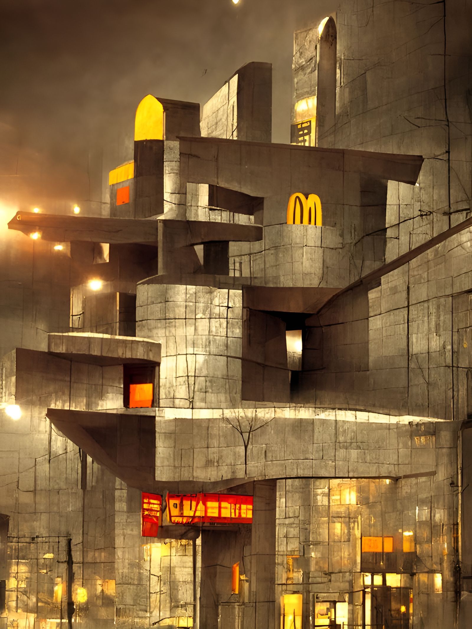 Dystopian Brutalist McDonald's in Bauhaus Style