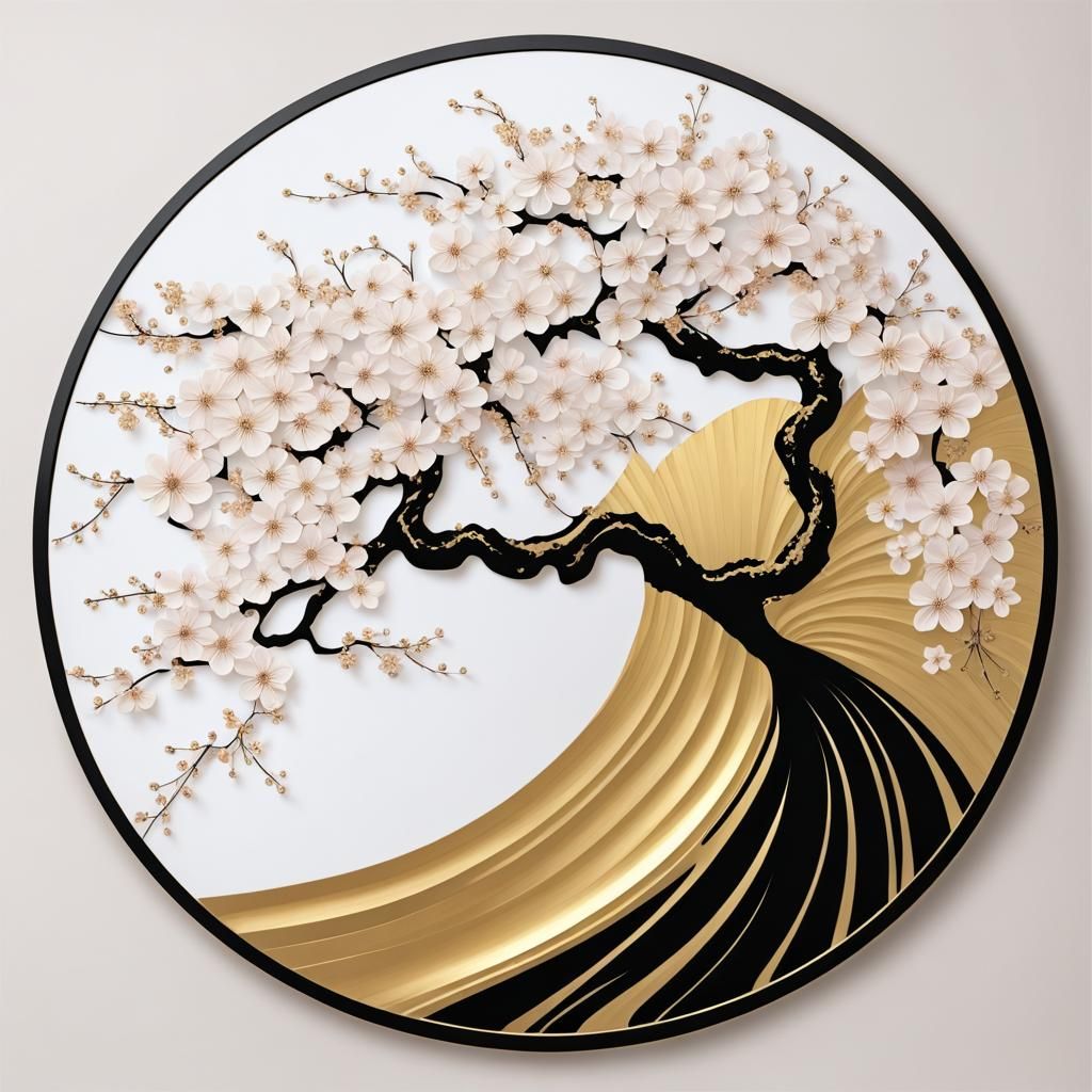 Japanese Black and Gold Cherry Blossom Wall Art