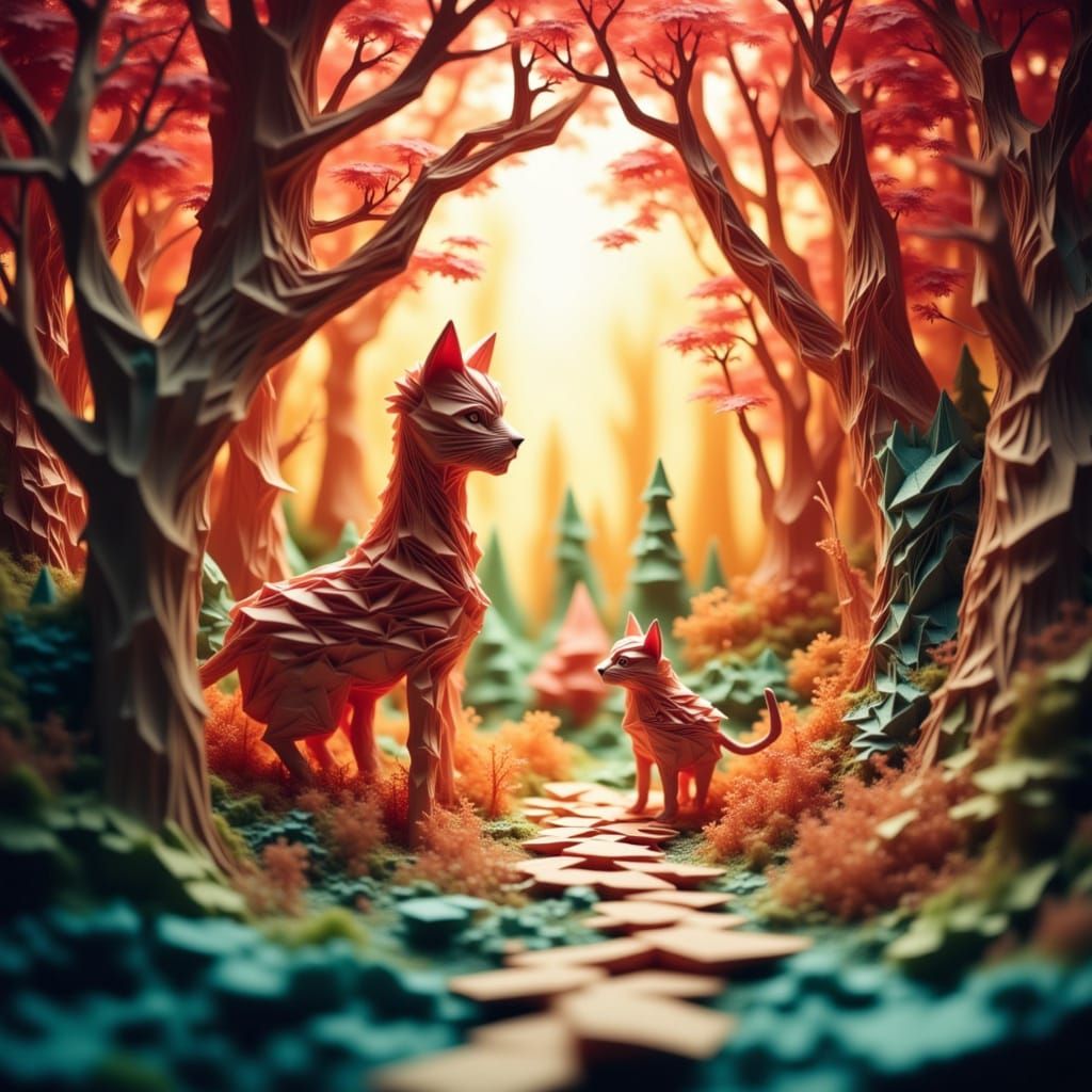 Layered Paper Fox and Kitten in Magical Forest