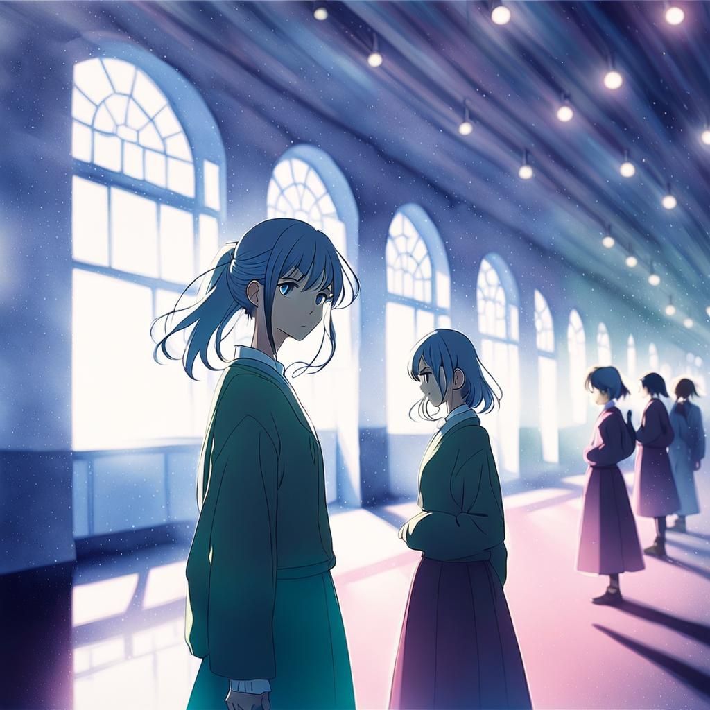 Anime Girl in School Hallway, Watercolor Style