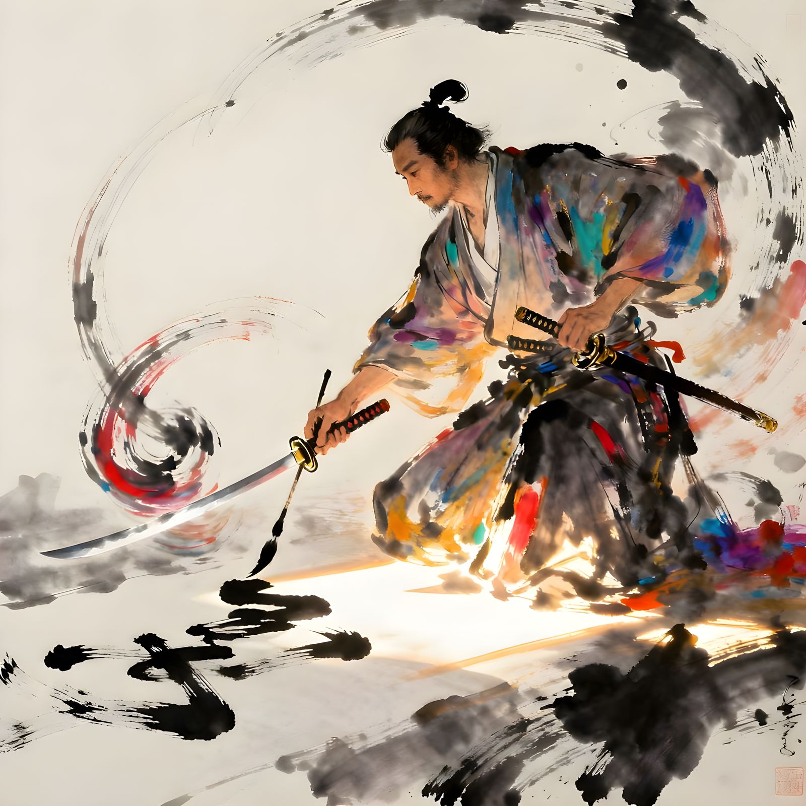 Samurai Calligraphy with Swirling Sword in Sumi-e Style