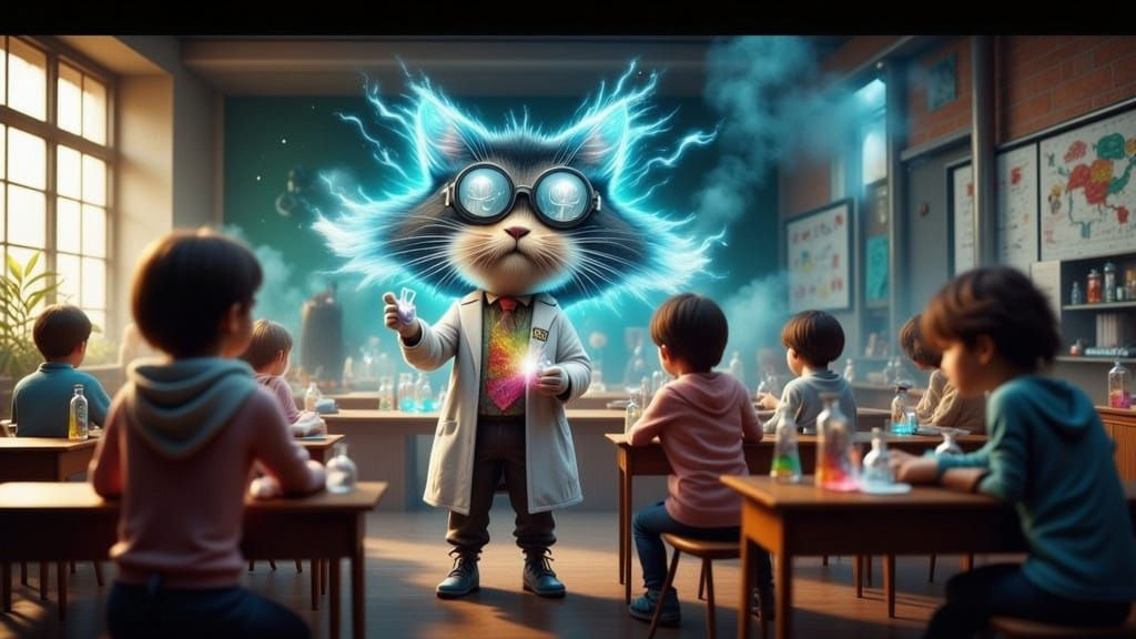 Andromorphic Cat Teaches Chemistry in Whimsical Classroom