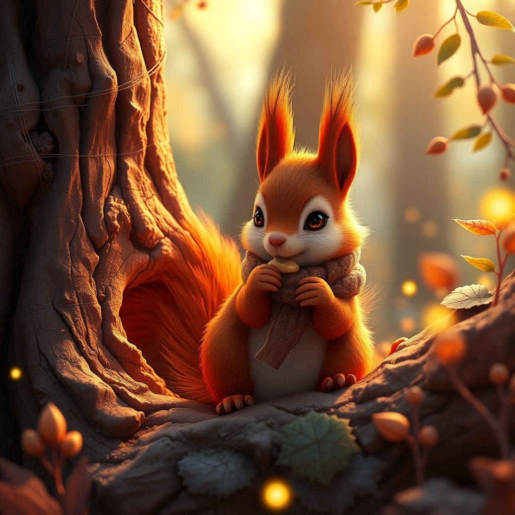 Whimsical Red Squirrel in Golden Forest Glade