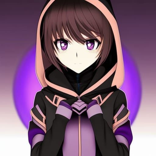 Anime Gamer Girl with Purple Eyes in Hoodie