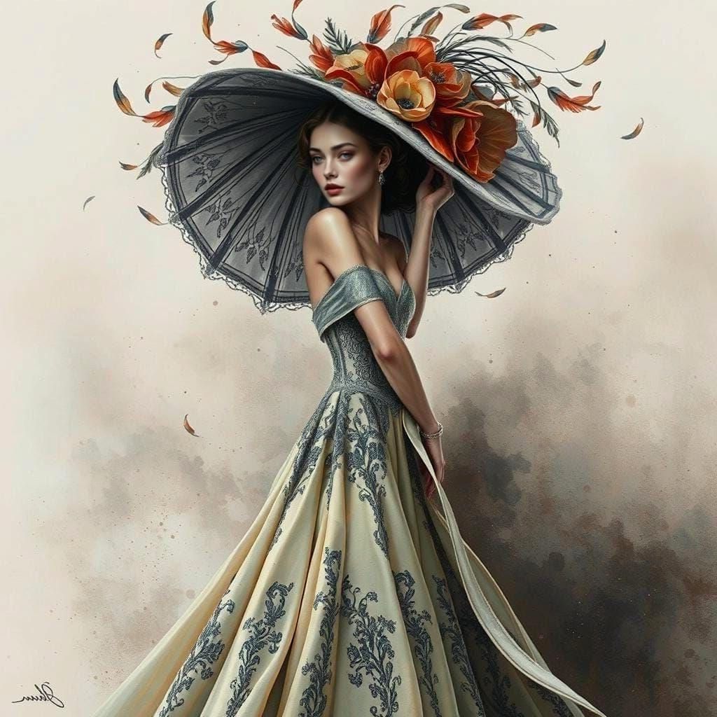 High Fashion Gown in Klimt-Inspired Impasto Style