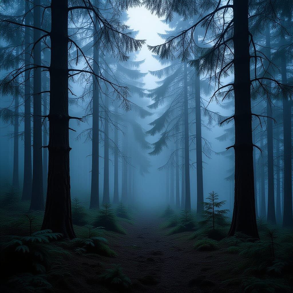 Misty Pine Forest Morning in Hyperrealistic Style