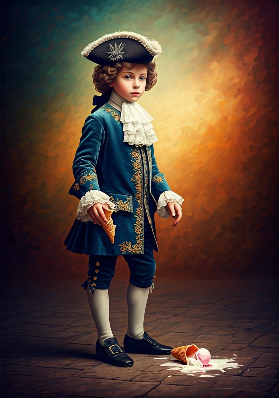 Dismayed Boy with Melted Ice Cream, Hyperrealistic Style