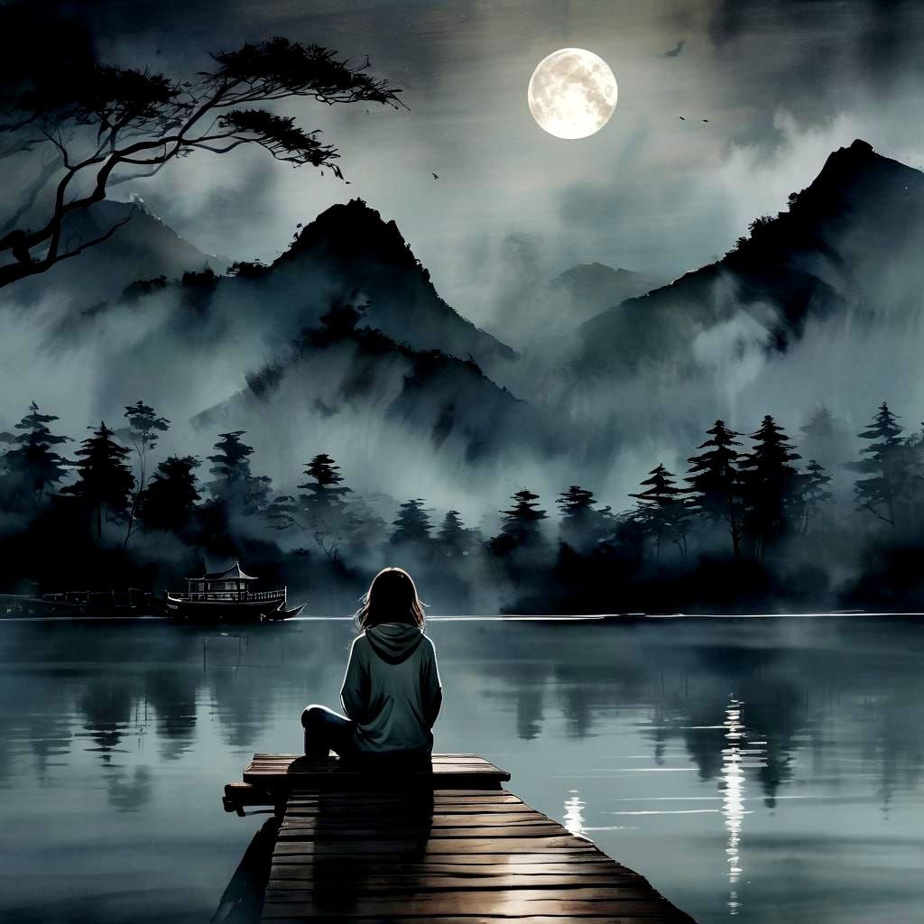 Minimalist Chinese Drawing of Woman Watching Moon