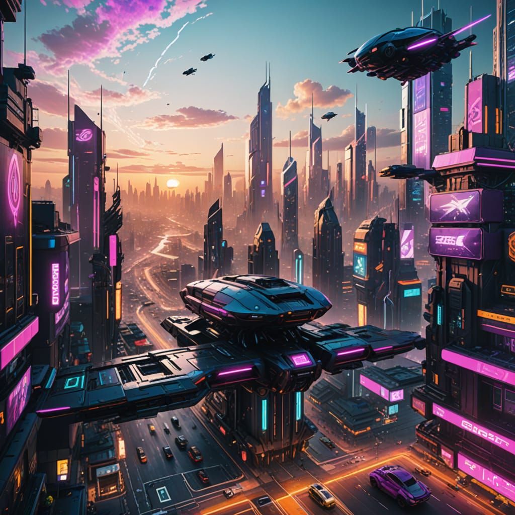 Futuristic Cityscape at Night in Vibrant Cyberpunk Style